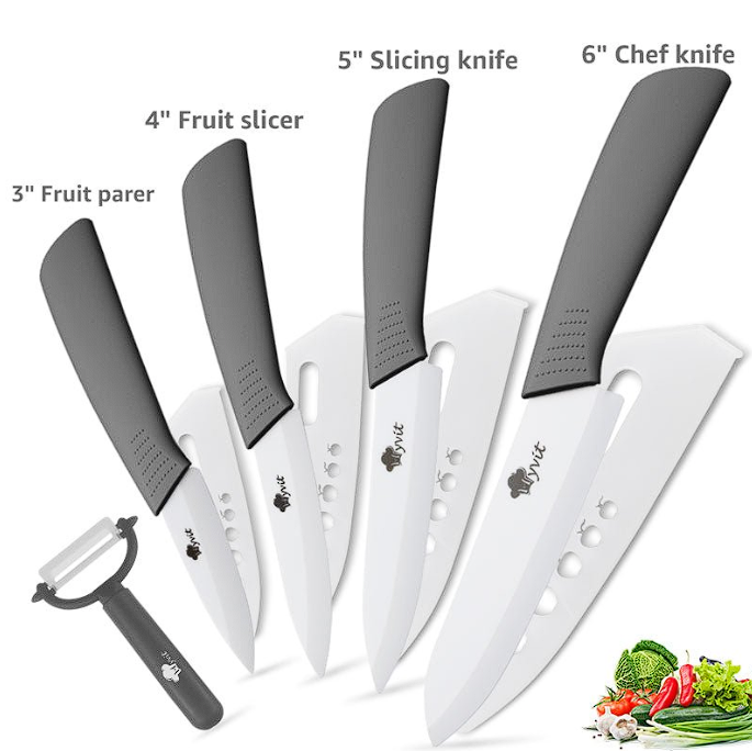 Ceramic Knife Set of Kitchen Knives 3 4 5 6 Inch Sharp Serrated Bread Chef  Utility Slicer Fruit Peeler White Blade with Sheaths